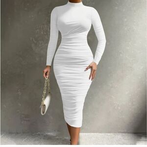 White Long Sleeve Ruched Bodycon Cocktail Dress xl